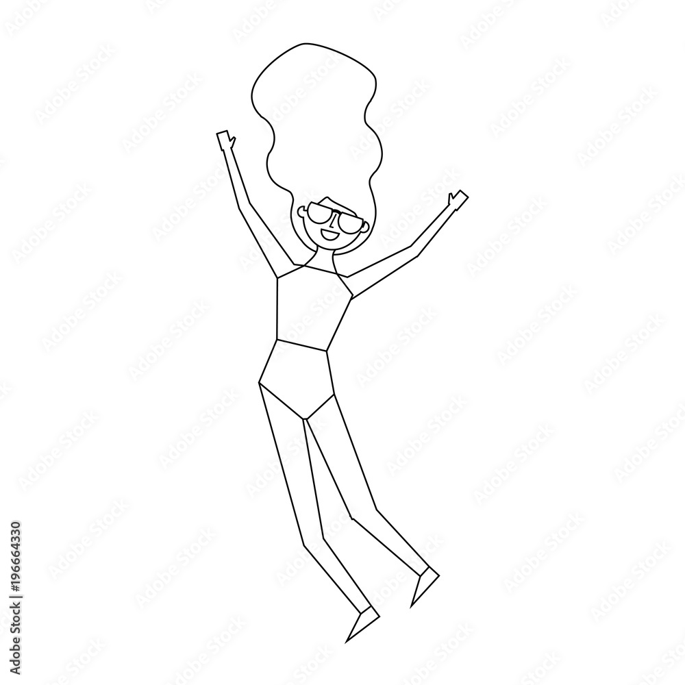 happy young woman jumping wearing swimsuit vector illustration outline image happy young woman jumping wearing swimsuit vector illustration outline image