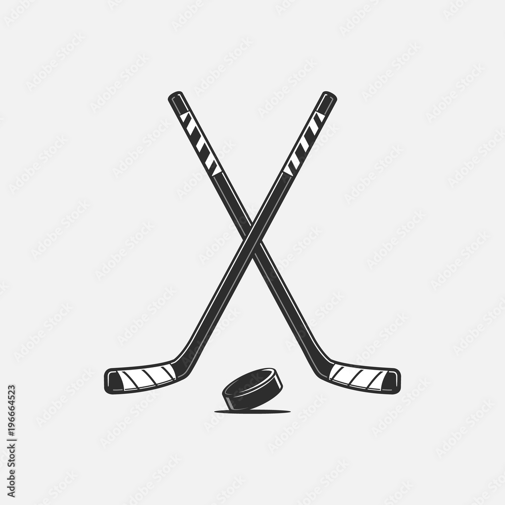Obraz premium Crossed hockey sticks and puck vector illustration