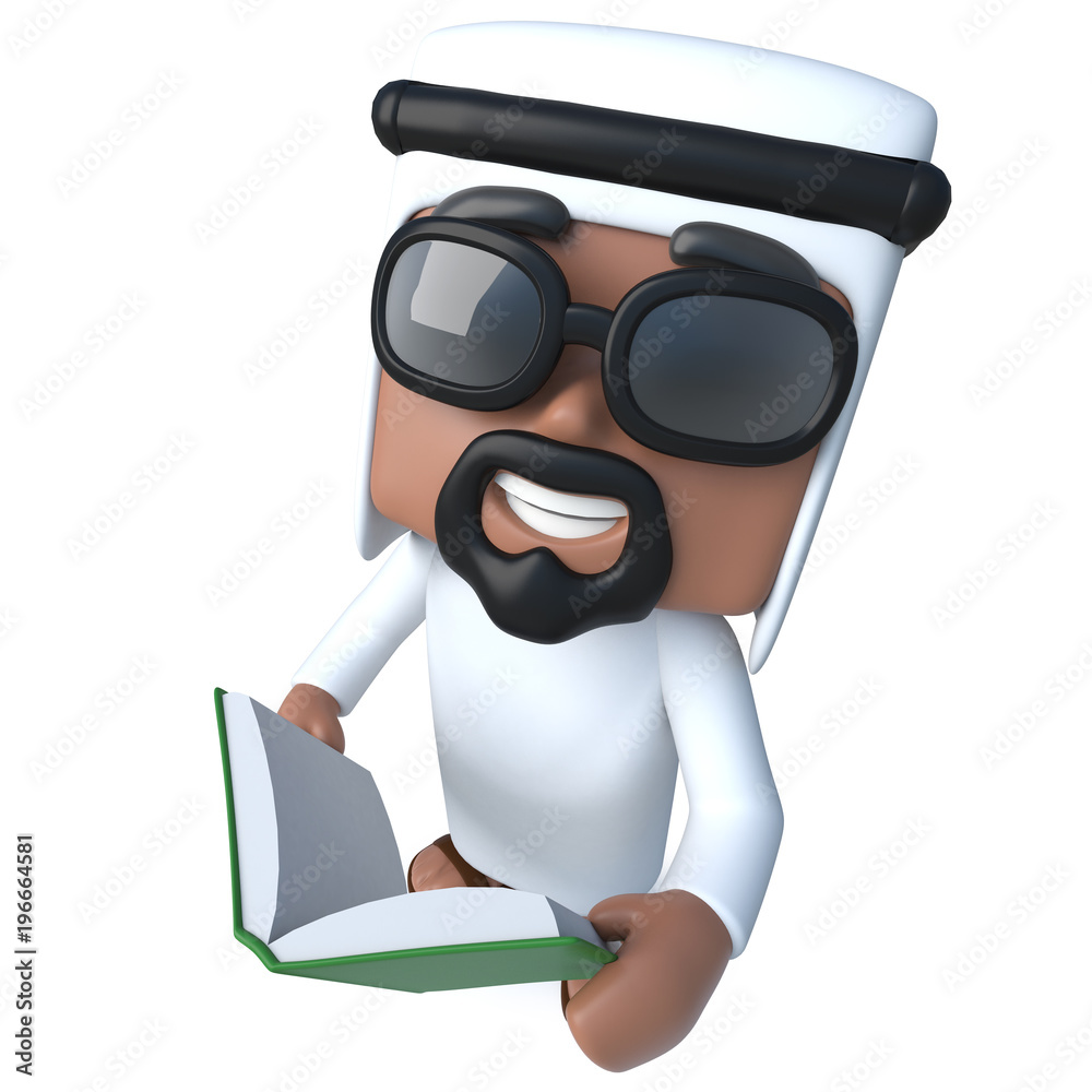 3d Funny cartoon Arab sheik character reading a book