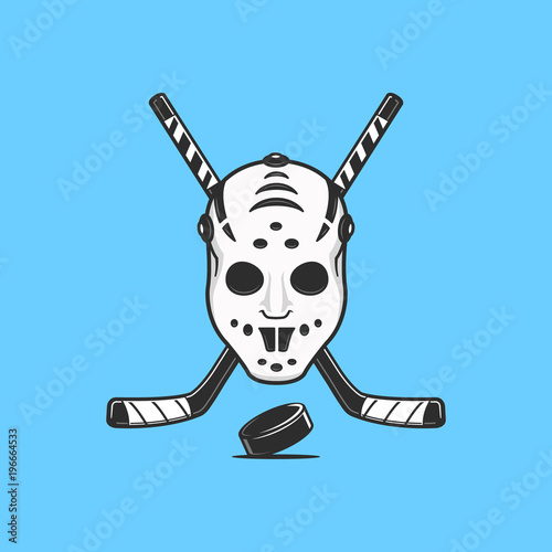Ice hockey goalie mask with crossed hockey sticks and puck emblem vector illustration