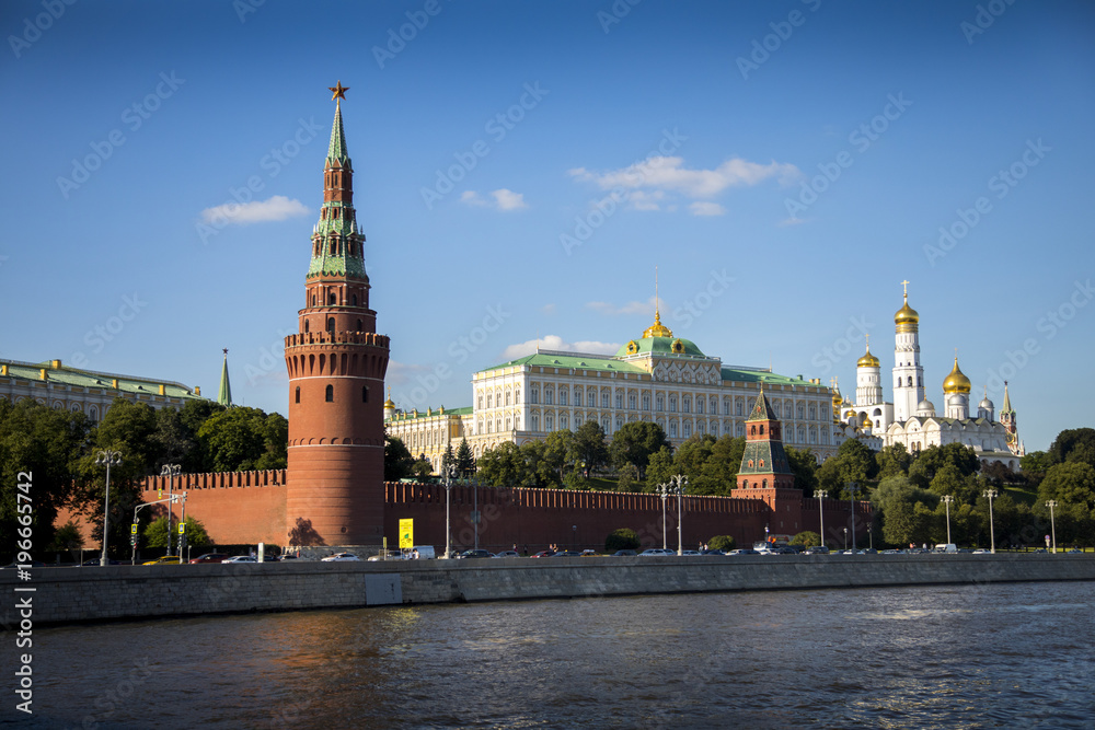A view of the Kremlin from across the Moscow River in Moscow, Russia.