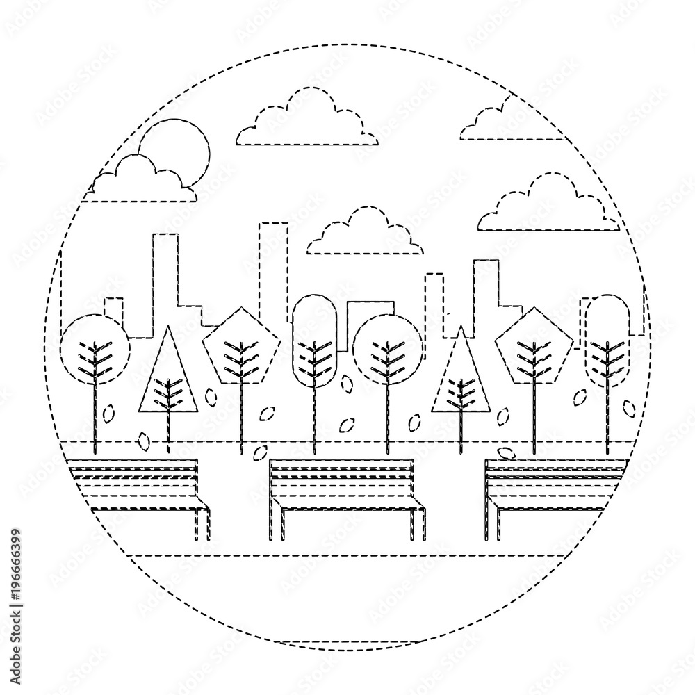 landscape sunset autumn park and city background round design vector illustration dotted line image landscape sunset autumn park and city background round design vector illustration dotted line image