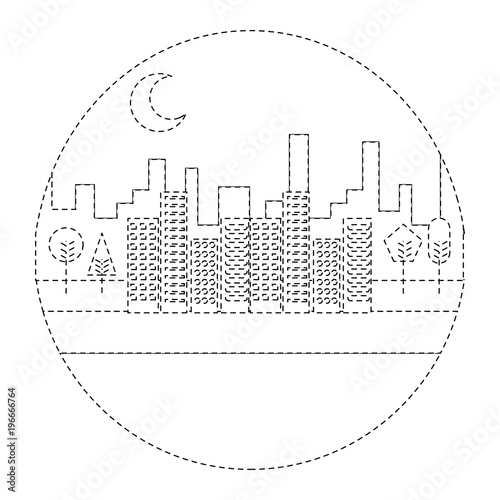 landscape night urban buildings trees moon scenary round design vector illustration dotted line image