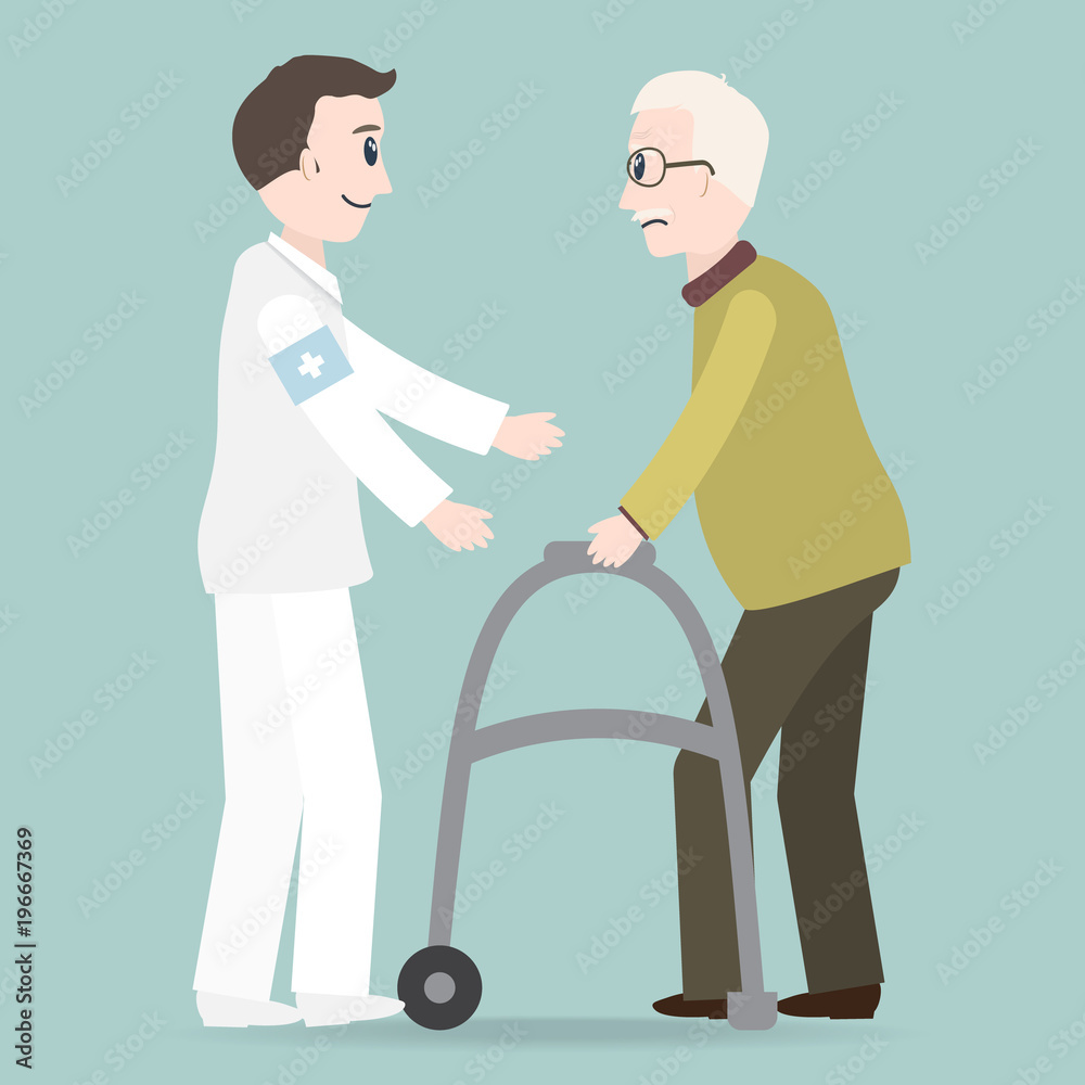 Man helps elderly patient with a walker vector illustration Man helps elderly patient with a walker vector illustration