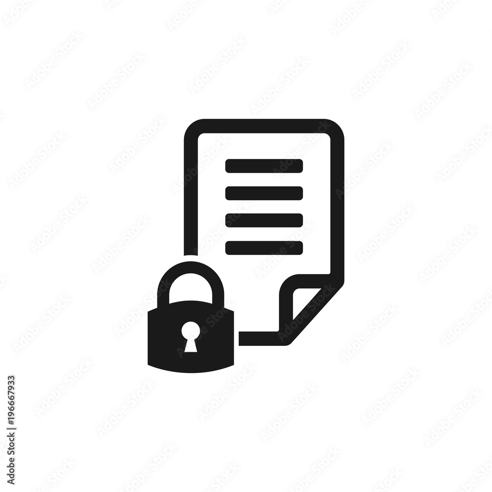 Secure document icon. File sign. Page with lock security symbol. File symbol. Vector illustration. Flat design. Secure document icon. File sign. Page with lock security symbol. File symbol. Vector illustration. Flat design.