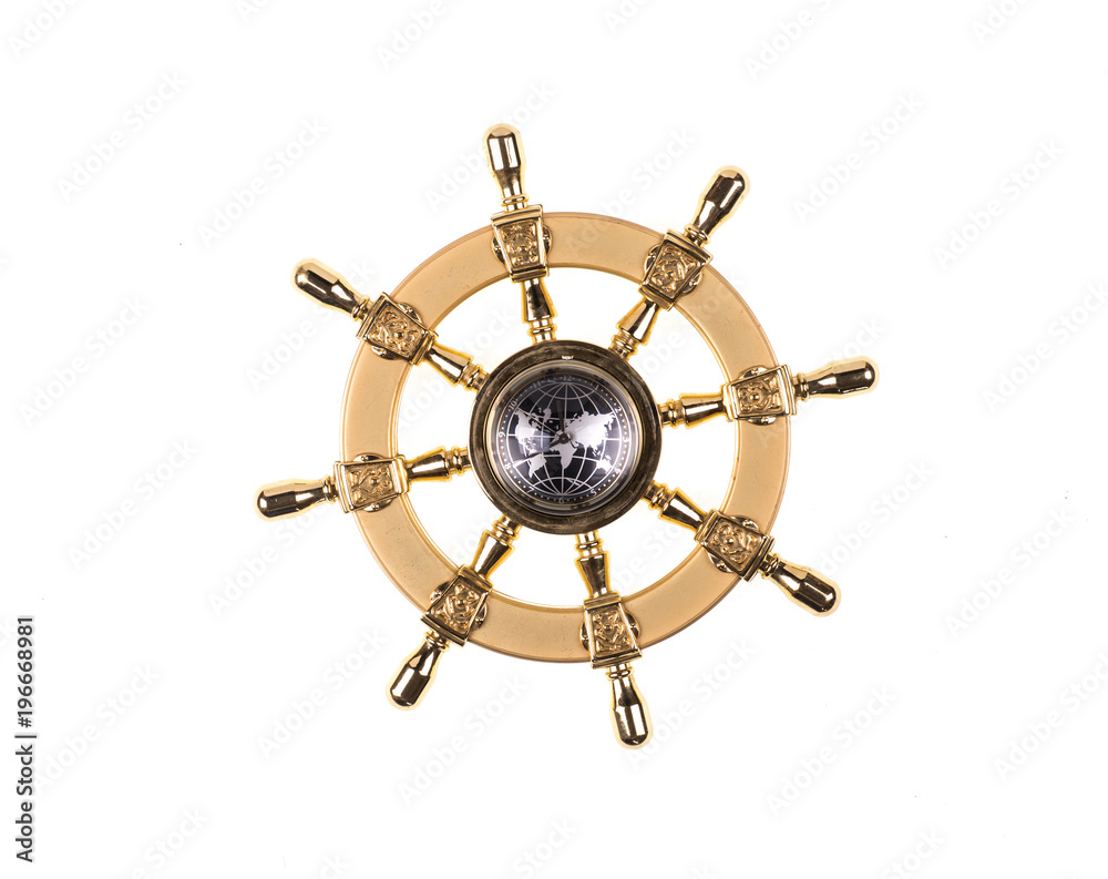 Obraz premium ship steering wheel on white isolated background