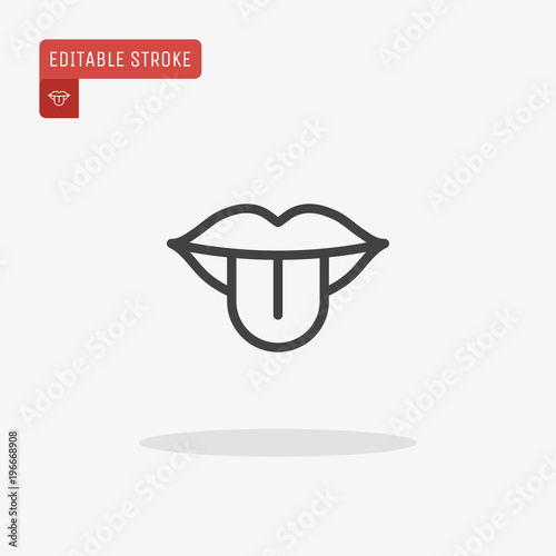 Outline lips with tongue icon isolated on grey background. Line mouth pictogram. Sense of taste symbol for website design, mobile application, ui. Editable stroke. Vector illustration. Eps10.