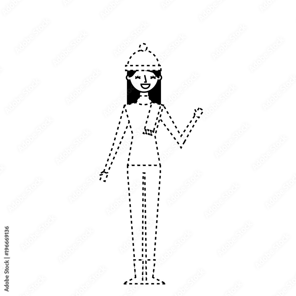 woman happy character with warm clothes season vector illustration dotted line image