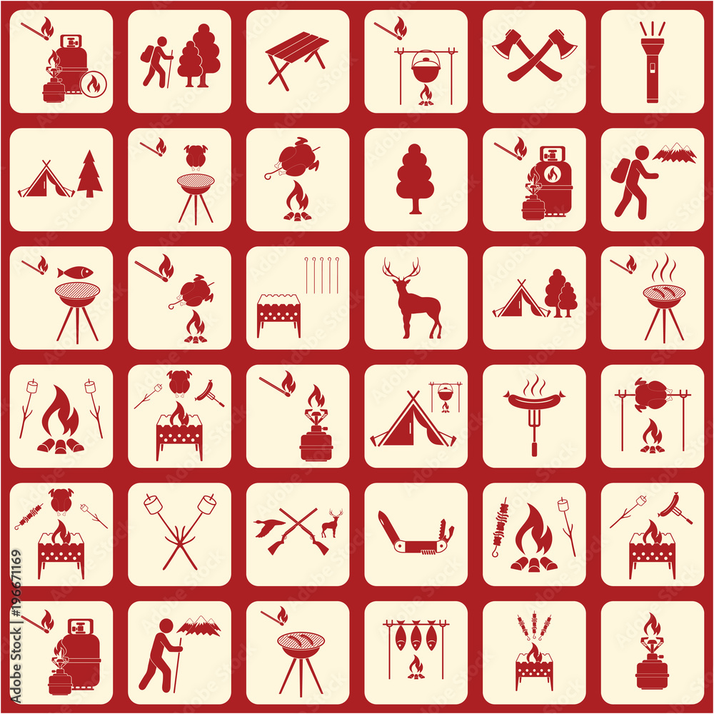 Set of travel and camping equipment icons Set of travel and camping equipment icons