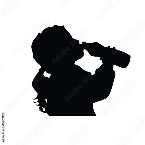 child drinks water from the bottle silhouette