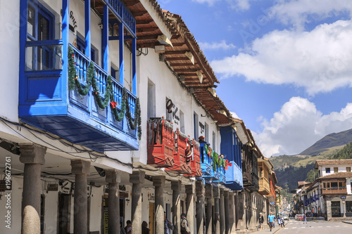 Ancient buildings in the Plaza de Armas of Cusco city which is located in Sacred Valley of the Incas.