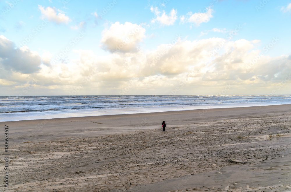 one person at a sandy beach with some clouds in the sky.