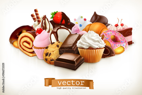 Confectionery. Chocolate, cakes, cupcakes, donuts. 3d vector illustration