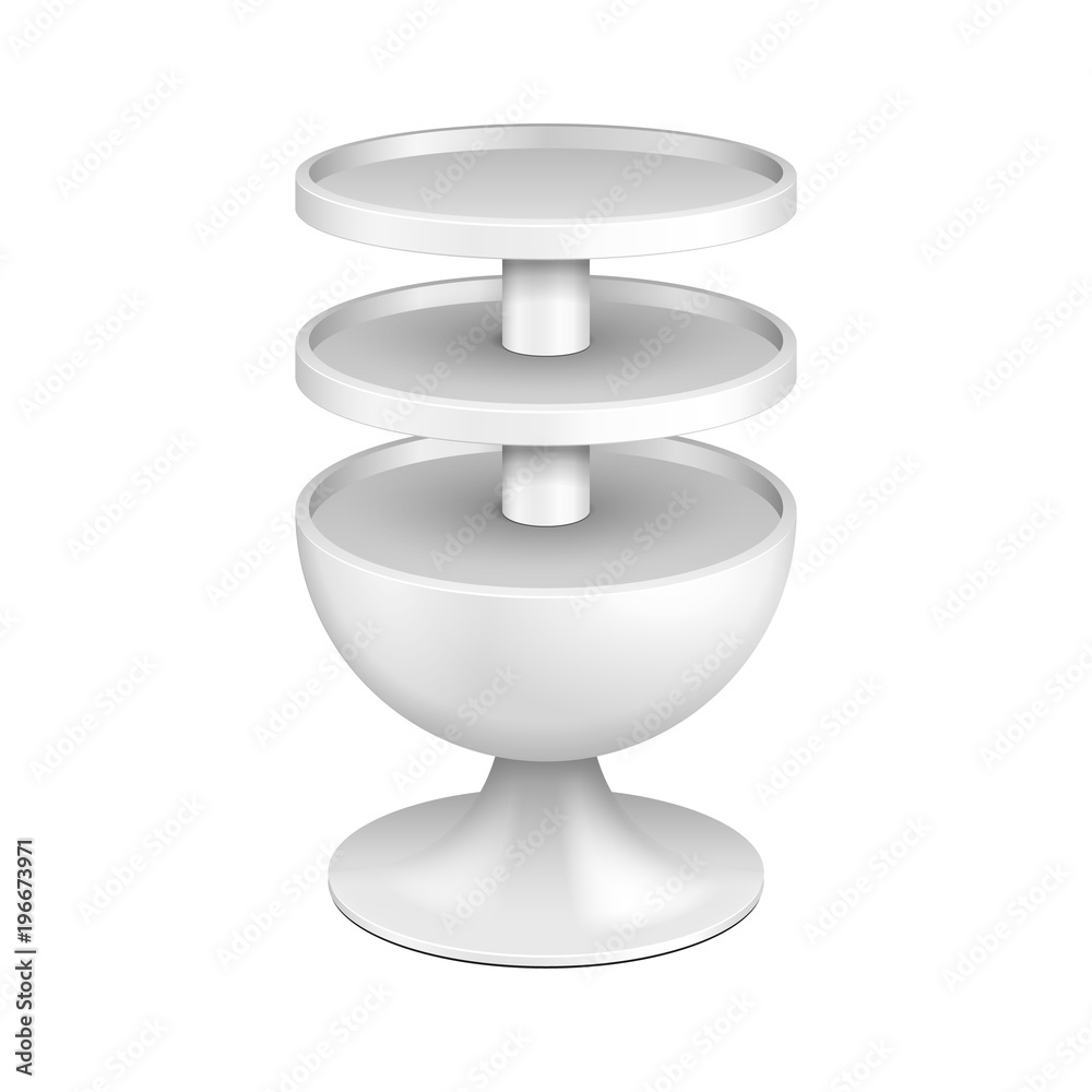 Round Cardboard Floor Display Rack For Supermarket Blank Empty With Shelves. Illustration Isolated On White Background. Ready For Your Design. Product Advertising. Vector EPS10 Round Cardboard Floor Display Rack For Supermarket Blank Empty With Shelves. Illustration Isolated On White Background. Ready For Your Design. Product Advertising. Vector EPS10