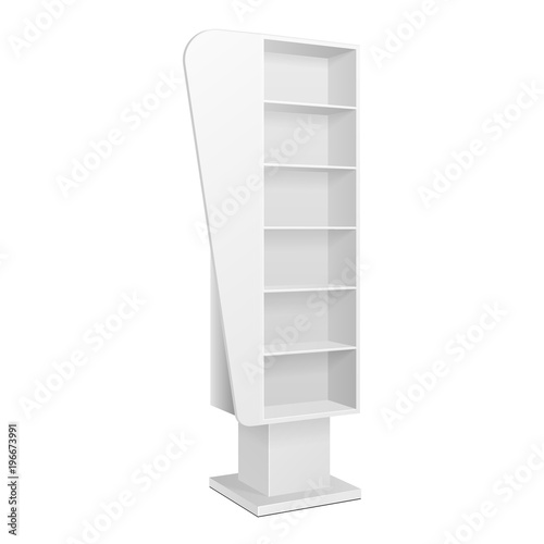 Cardboard Retail Shelves Floor Display Rack For Supermarket Blank Empty. Mock Up. 3D On White Background Isolated. Ready For Your Design. Product Advertising. Vector EPS10