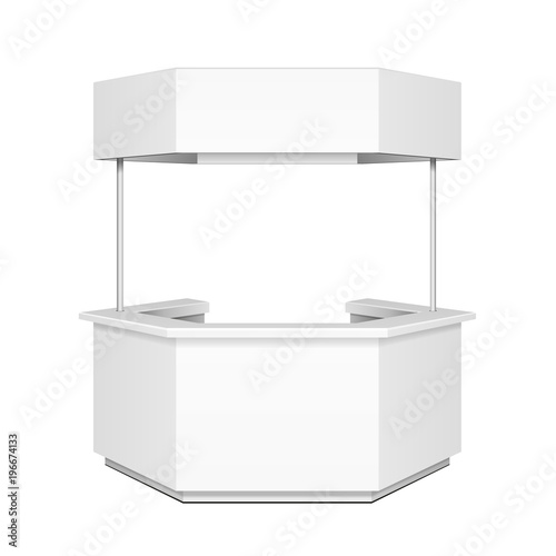 Hexagon, Hexagonal POS POI Blank Empty Retail Stand Stall Bar Display With Canopy, Banner. On White Background Isolated. Mock Up Template Ready For Your Design. Product Advertising Vector EPS10