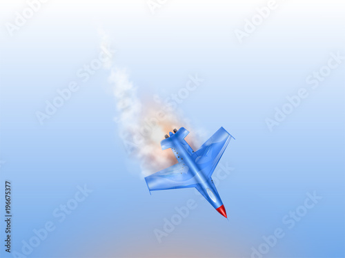 Vector fighter jet accident, military aircraft in fire. Downed combat plane, diving aviation crash. Army force, modern bomber on blue background