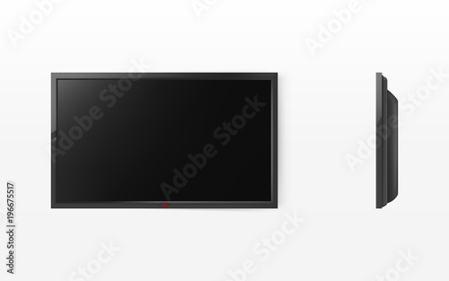 Vector 3d realistic illustration of TV screen, modern black lcd panel for hdtv, wide-screen display, flat large computer monitor isolated on background. Mockup for brand presentation, advertising