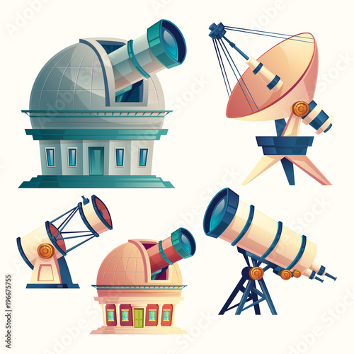 Vector cartoon set with astronomical telescopes, observatories, planetarium, satellite dish. Scientific equipment and optical devices with lenses for observation the sky, stars, cosmos, planets
