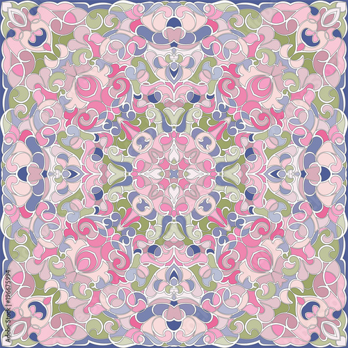 Delicate color pattern in Oriental style. Square ornament for shawls, scarves or pillow. Can be used for printing onto fabric or paper. Vector illustration.