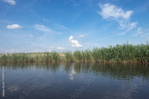 Minimalist landscape on the river surrounded by reeds. Blue sky with clouds reflected in the water.