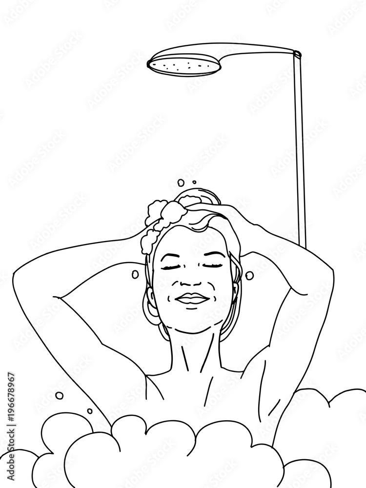 cartoon realistic woman having shower bathroom drawing Stock Illustration |  Adobe Stock