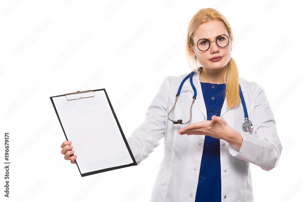 Disapointed woman doctor in white coat with clipboard Disapointed woman doctor in white coat with clipboard