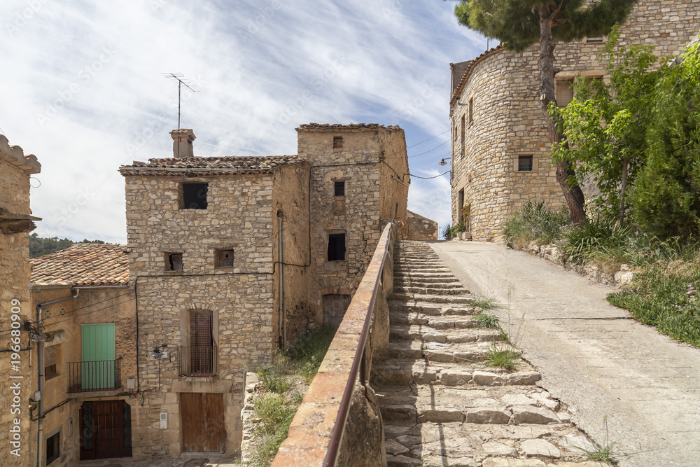 Old street view, medieval village of Guimera, Province Lleida, Catalonia, Spain.