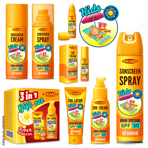 Set of sunscreen, cream, lotion, gel, balsam and spray for children. Protection from the sun. 3d realistic vector illustration.
