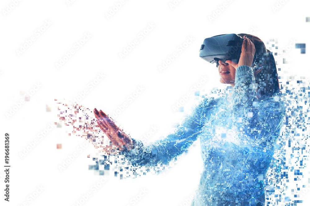 A person in virtual glasses flies to pixels. The woman with glasses of virtual reality. Future technology concept. Modern imaging technology. Fragmented by pixels.