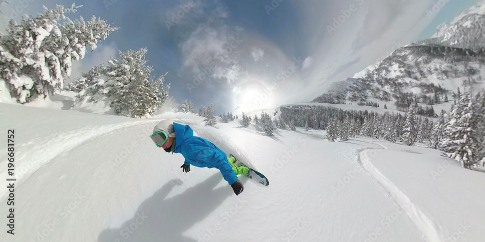 360, Overcapture, 3D: Stylish freerider shredding sunny winter mountain slopes.