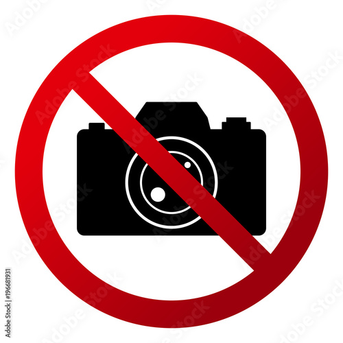 Circular "Taking photos is not allowed" sign. Red gradient sign, black camera. Isolated on white
