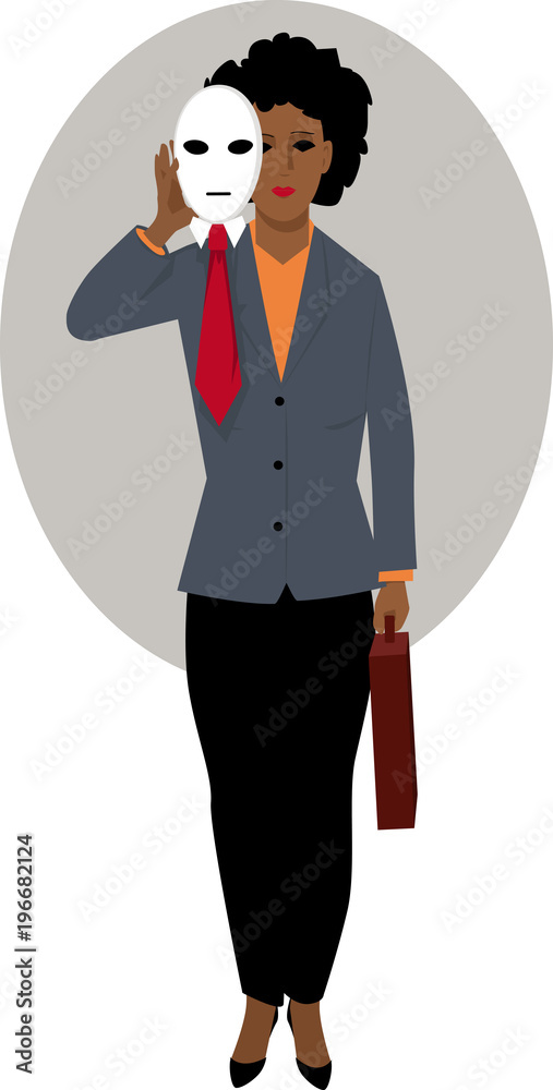 Black woman hiding behind a mask of white male as a metaphor for avoiding bias during job interview, EPS 8 vector illustration