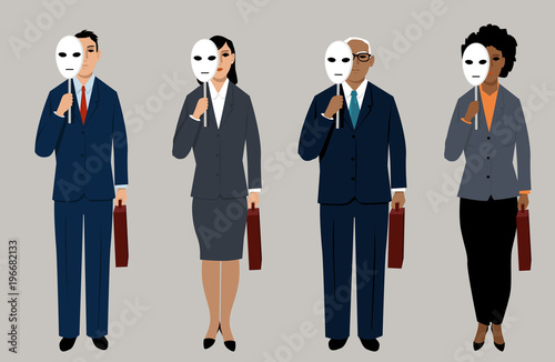 Diverse job candidates hiding behind masks as a metaphor for eliminating bias in hiring process, EPS 8 vector illustration photo