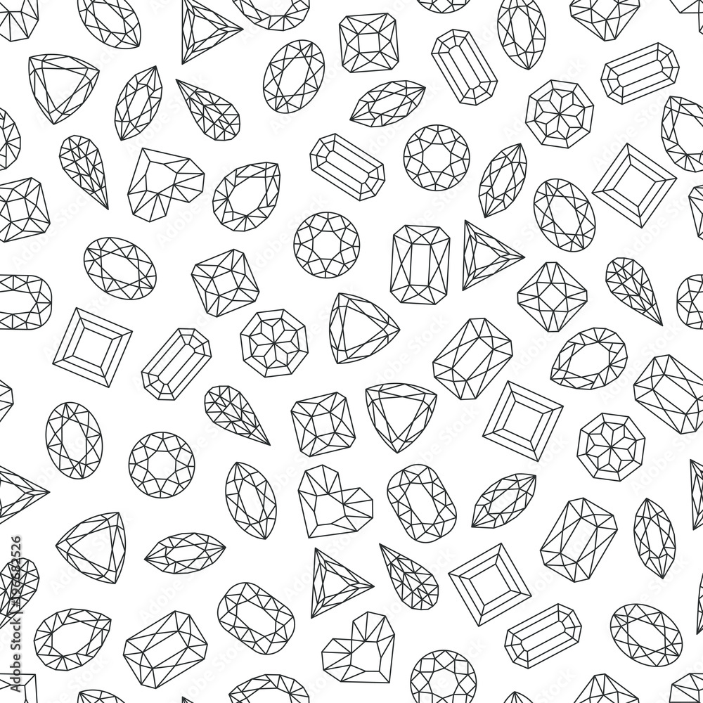 Vector black white seamless pattern with line gems and jewels. Linear diamonds with different cut, monochrome background
