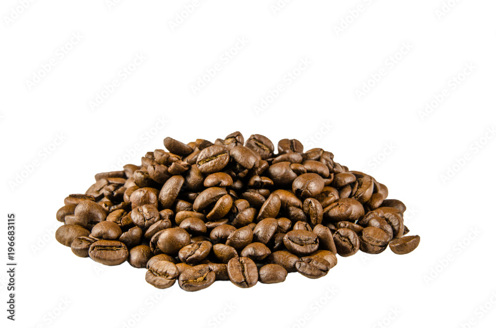 Coffee beans, scattered, on isolated white background. Coffee beans, scattered, on isolated white background.