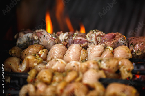 hot flavorful meat barbecue, shashlik, kebab, skewer on the grill