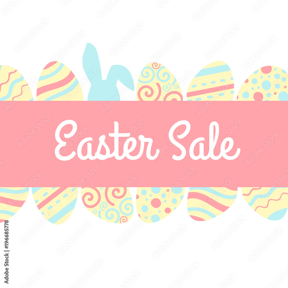 Season Easter sale banner with pink and blue rabbit and egg. Vector illustration