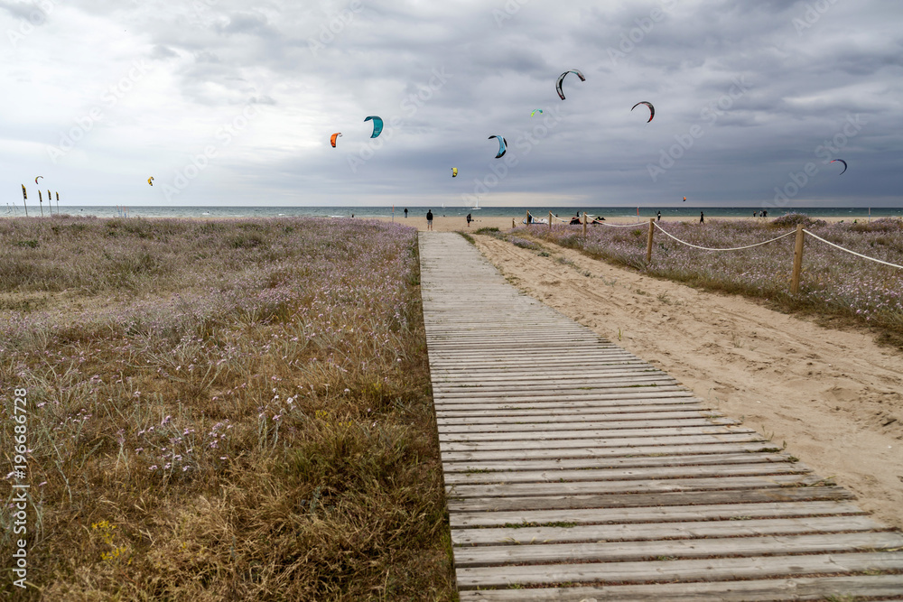 Mediterranean beach, kitesurf area in Castelldefels,province Barcelona,Catalonia,Spain.