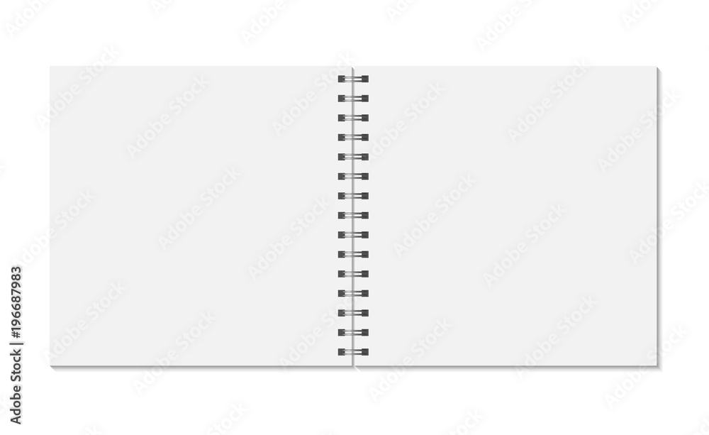 Square notebook mock up isolated on white background. Blank pages, copybook with metal spiral template. Realistic opened notepad vector illustration. Square notebook mock up isolated on white background. Blank pages, copybook with metal spiral template. Realistic opened notepad vector illustration.