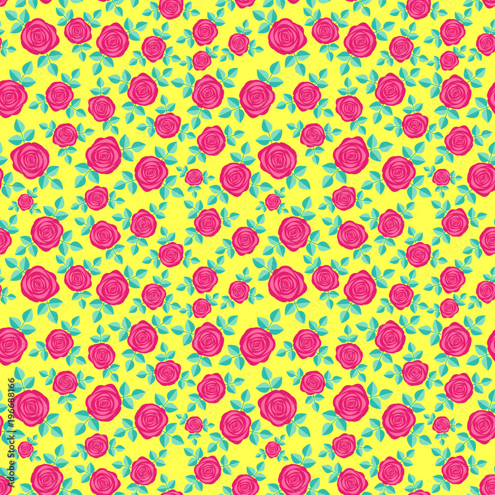 Seamless elegant floral pattern with red roses on yellow background. Ditsy print. Perfect for scrapbooking, textile, wrapping paper etc. Vector illustration. Seamless elegant floral pattern with red roses on yellow background. Ditsy print. Perfect for scrapbooking, textile, wrapping paper etc. Vector illustration.