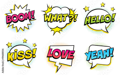 Retro comic speech bubbles set on white background. Expression text BOOM, HELLO, WHAT, YEAH, KISS, LOVE, YEAH. Vector illustration, pop art style.