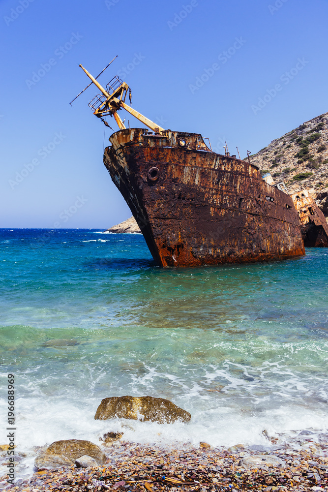 The rusty shipwreck of the Amorgos from a lower perspective
