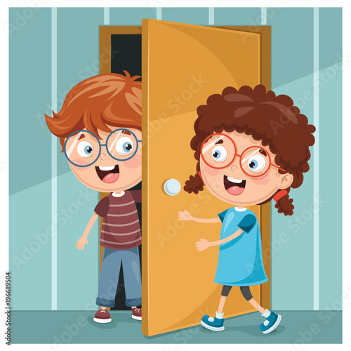Vector Illustration Of Kid Opening The Door