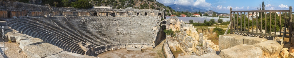 Landscape, panorama, banner - view of building the theater in the ruins of ancient lycian town of Myra. The city of Demre, Antalya Province, Turkey.