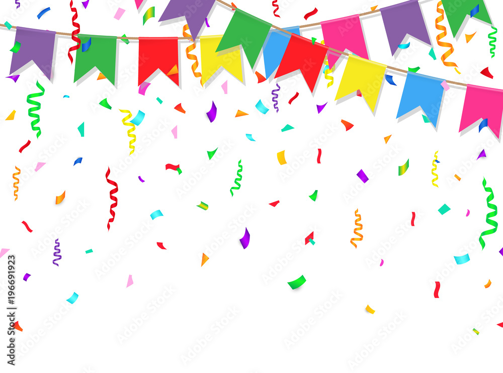 Celebration banner. Party flags with confetti on white background. Vector illustration