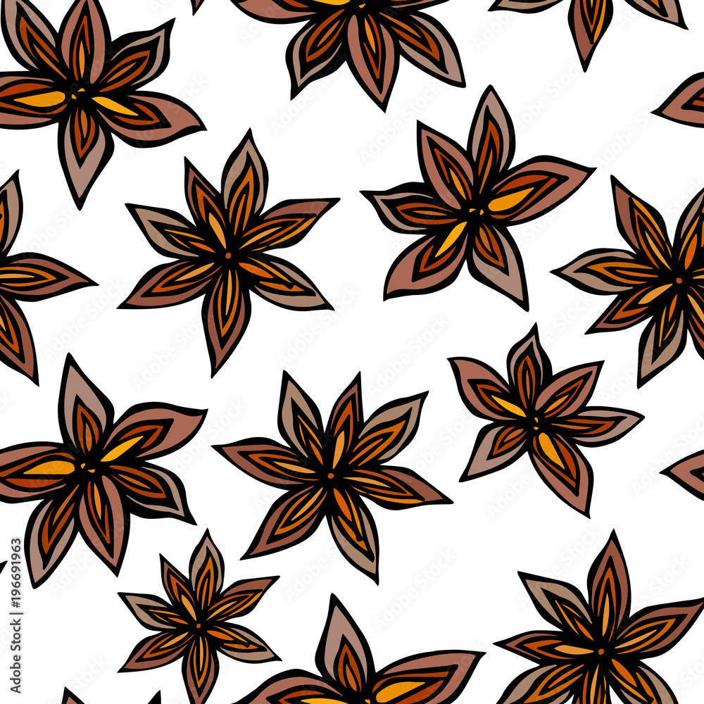 Anise Star Seed Seamless Endless Pattern. Seasonal Food Background. Spice and Flavor Mulled Wine Cocktail Ingredient. Cooking or Aromatherapy. Hand Drawn Illustration. Savoyar Doodle Style.