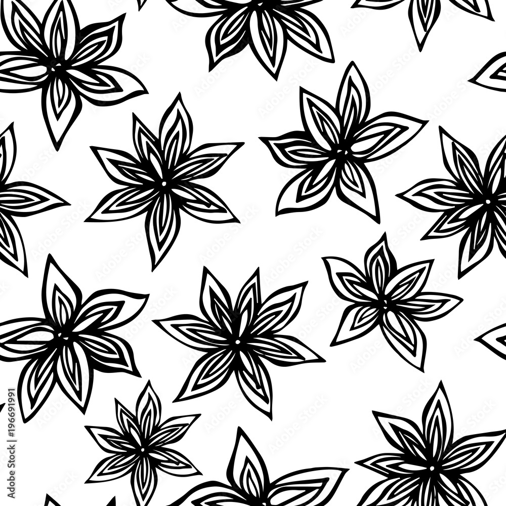 Anise Star Seed Seamless Endless Pattern. Seasonal Food Background. Spice and Flavor Mulled Wine Cocktail Ingredient. Cooking or Aromatherapy. Hand Drawn Illustration. Savoyar Doodle Style.