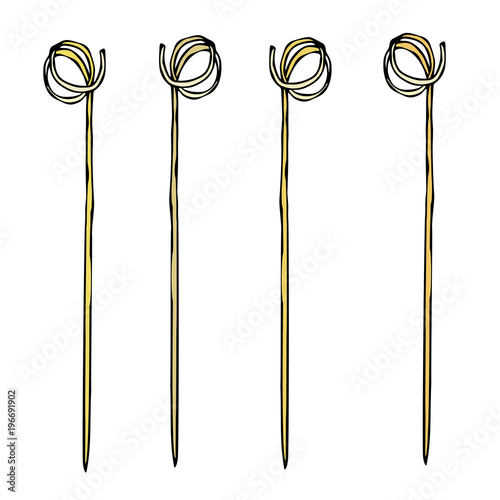 Skewer for Barbecue or Cocktail Party. Wooden Bamboo Skewers. Toothpick. Stick for Canape. BBQ or Bar Appliance. Korean or Japanese Cuisine. Hand Drawn Illustration. Savoyar Doodle Style.