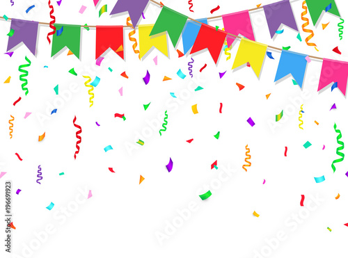 Celebration banner. Party flags with confetti on white background. Vector illustration